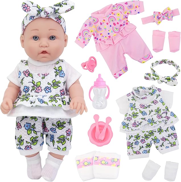 The Ecore Fun 12 Inch Baby Doll with Clothes and Accessories,16 Pcs Reborn Alive Doll Playset Sets Include 12 Inch Doll,2 Sets of Clothes,Headband,Soft Socks,Tableware ,Feeding Bottle, Diapers,Nipple