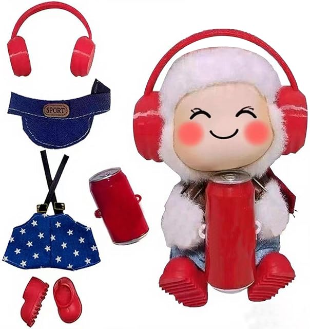 The for Labubu Clothes/for Labubu Outfits,Clothes Set for 15/17cm Dolls Clothes Set-5 Piece Star Overalls & Sports Cap & Red Headphone &Red Shoes & Coke Cane(NO Doll)