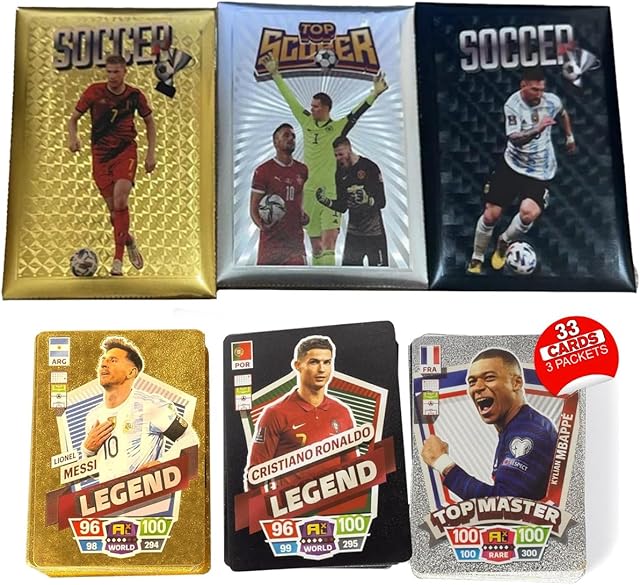 The Soccer Trading Cards 2025-26 | 3 Packs - 33 Collectible Football Cards for Fans & Players Black, Gold & Silver Soccer Mystery Cards Packs Random Cards in Each Set - Collect Them All