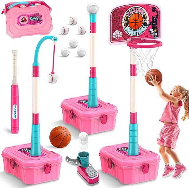 The 5 in 1 Toddler Basketball Hoop and T Ball Set, Height Adjustable Indoor Outdoor Portable Mini Hoop, Birthday & Christmas Sport Toys Gift for Boys & Girls, Pink