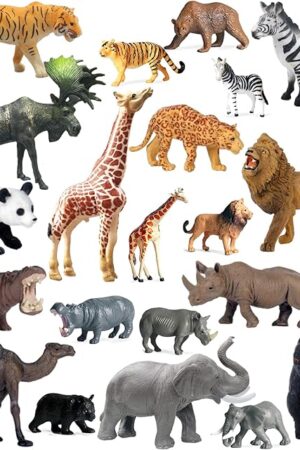 The RUSON 24 Pcs Small + Jungle Realistic Animal Figurines, Safari Animals Figures Toys Cake Topper Plastic African Wild Zoo Animals Playset for Kids Toddlers