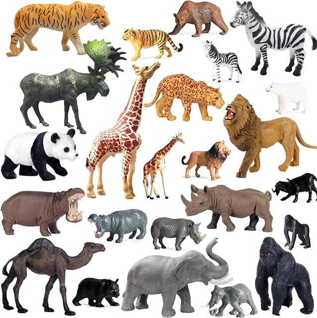 The RUSON 24 Pcs Small + Jungle Realistic Animal Figurines, Safari Animals Figures Toys Cake Topper Plastic African Wild Zoo Animals Playset for Kids Toddlers
