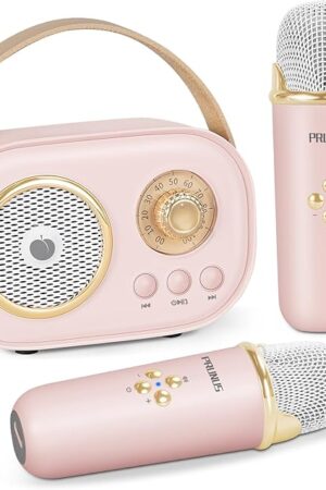 The PRUNUS C20 Mini Karaoke Machine Portable Bluetooth Speaker with Wireless Microphone 6 Sound Modes for Adults&Kids Birthday Home Farmily Friends Party Gifts for Girls Boys Friends-Pink