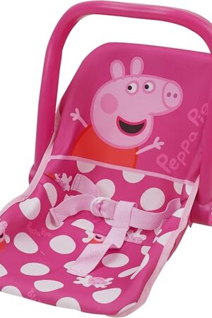 The Peppa Pig: Baby Doll Car Seat - Pink & White Dots - Fits Dolls Up to 18" Convertible Into A Feeding Chair, Plastic Shell W/Fabric, Harness Belt, Pretend Play for Kids Ages 3+