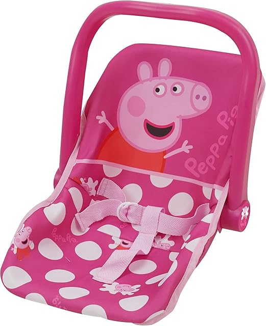 The Peppa Pig: Baby Doll Car Seat - Pink & White Dots - Fits Dolls Up to 18" Convertible Into A Feeding Chair, Plastic Shell W/Fabric, Harness Belt, Pretend Play for Kids Ages 3+