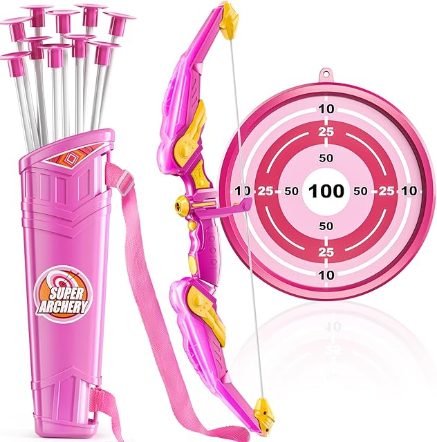 The TEMI Bow and Arrow Set for Kids - Archery Toy Set - LED Light Up with Suction Cup Arrows, Target & Quiver, Indoor and Outdoor Toys for Children Boys Girls