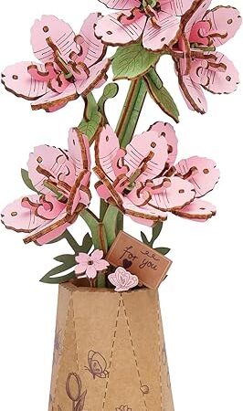 The ROBOTIME 3D Puzzle Sakura TW101, DIY Wooden Flower Craft, Artificial Flowers Model Kit to Assemble for Adults, Home Decoration and Valentine's Day Toy Gift Set