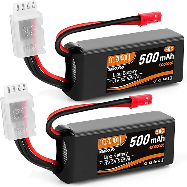 The Crazepony 3S Lipo Battery 500mAh 50C 11.1V Lipo Battery with JST Connector Rechargeable Lipos for RC Airplane Racing Drone Helicopter Quadcopter Micro FPV RC Car Truck Boat-2 Packs
