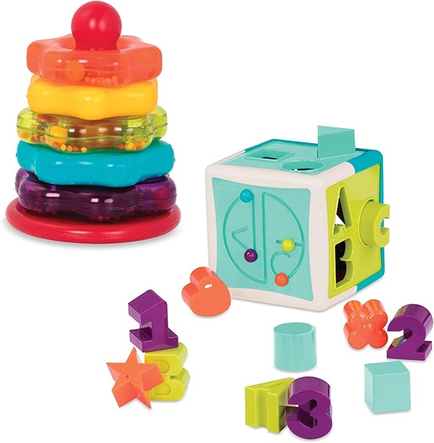 The Battat – Sort & Stack Combo – 17 Pieces Sensory Sorting Set – Activity Cube With Bead Maze – Educational & Dexterity Toys – 2+ Years – Shape Sorter Cube + Stacking Rings
