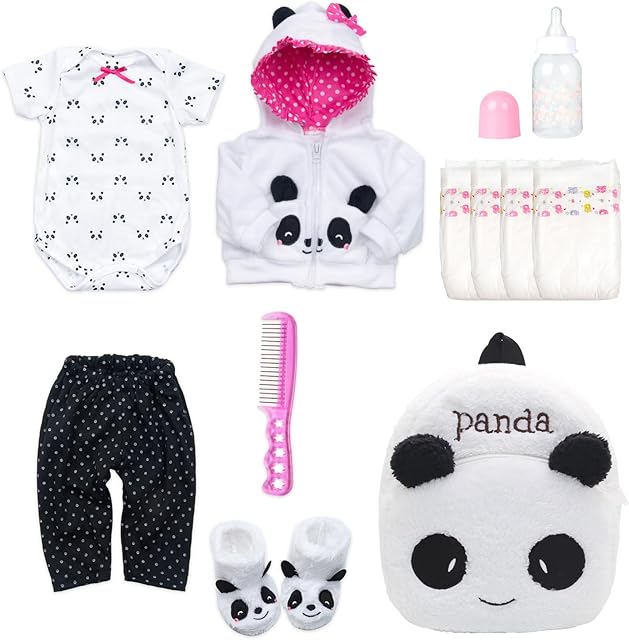 The Reborn Baby Dolls Clothes Girl Outfits Accesories Panda 11 Pcs Set for 17-19 Inch Reborn Doll Newborn Girl&Boy with Backpack&Diaper