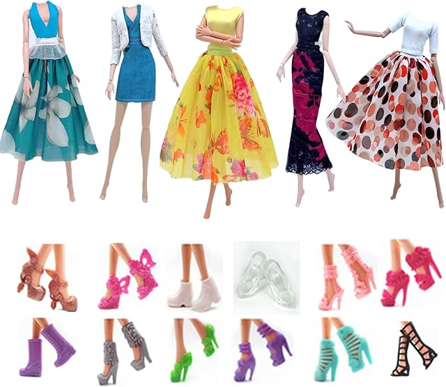 The Fashion Doll Clothes Dress and Accessories 5 Sets Doll Dress Outfits + 12 Pairs Random Style Shoes for 11.5" Girl Dolls (Style C)
