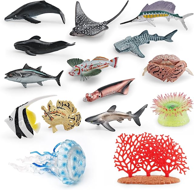 The 15PCS Mini Sea Creatures Toys for Kids 2-4 Inch Mini Marine Animal Figures Whale Shark Coral Sea Anemone Jellyfish Figurine for Cake Topper Girls Boys Toddlers Birthday Gift
