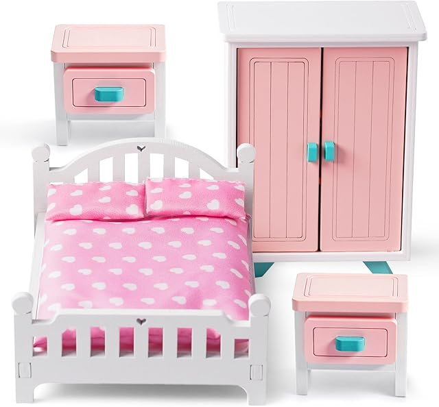 The BABESIDE Mini Dollhouse Bedroom Furniture Set,7 PCS Pink Wooden Doll House Accessories for 3 Inch Dolls with Bed, Nightstands, Wardrobe, Pillows & Mattress – Gift for Girls, Kids Miniature Room Toy