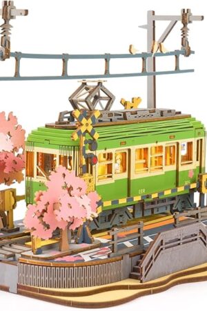 The Rolife 3D Wooden Puzzle for Adults, Sakura Journey Tram DIY Model Building Kits with LED Lights, Creative Kids Craft Hobby Gift and Brain Teaser Home Decor Assembly Toy