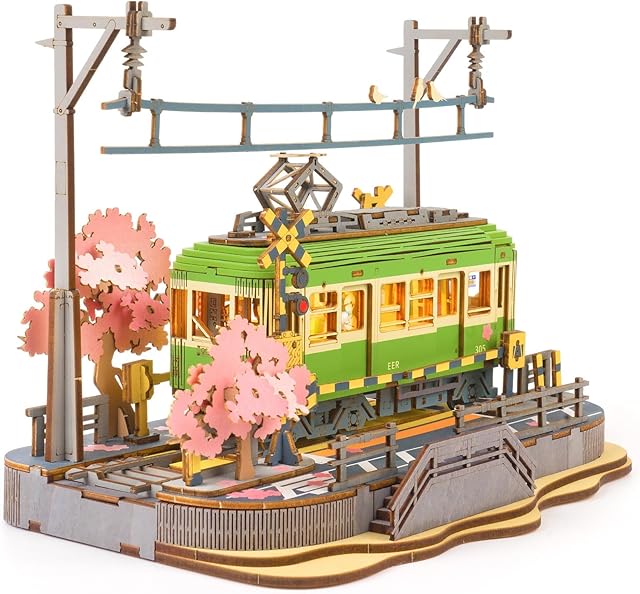 The Rolife 3D Wooden Puzzle for Adults, Sakura Journey Tram DIY Model Building Kits with LED Lights, Creative Kids Craft Hobby Gift and Brain Teaser Home Decor Assembly Toy