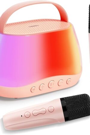 The Portable Bluetooth Mini Karaoke Machine with 2 Wireless Microphone & LED Lights, Mini Karaoke Speaker for Kids & Adults, Birthday for Girls Boys Ages 3-12, Pink