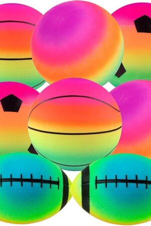 The Rainbow Sports Balls, 8 Pack 8.5" Bounce Neon Playground Balls Soccer Basketball Football Sports Rubber Kick Balls for Indoor Outdoor Activities Birthday Gift