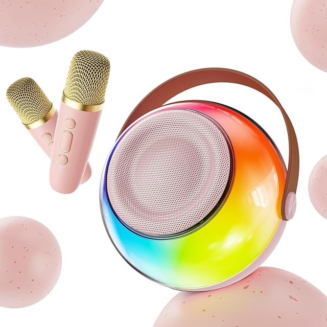 The Mini Karaoke Machine for Kids, Latest Portable Bluetooth Speaker w/Wireless Microphone & LED Lights, Magic Sing Toy for Girls/Boys, Ideal Christmas Birthday Party Gift (Pink, 2 Mics)