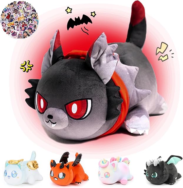 The KOWSI® 61-PCS - 11-inches Werewolf Cat Plush + 60-Sticker - Meemaows Popular Cat Plush Collection - 100% Polyester Plushie Pillow Embroidered - Soft Stuffed Animal Collectible (Werewolf Cat)