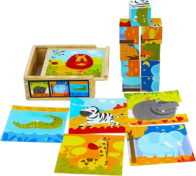 The TOWO Wooden Blocks Cube Puzzles for Kids - Wooden Jigsaw Puzzles 9 Cubes Blocks 6 Wild Animals Pictures in a Box - Gift Stocking Fillers Stuffers for 2 Years Old