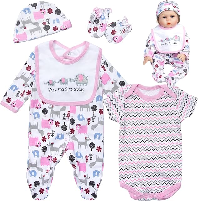 The Reborn Baby Girl Doll Clothes Accessories 5-Pieces Set Suitable 20-22 inch Reborn Dolls Cute Elephant Design Doll Clothes Outfits