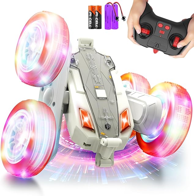 The Remote-Control-Car-Stunt-RC-Car, New Upgraded 2.4Ghz 4WD Double-Sided 360° Rotating RC Crawler with Headlights & Wheel Lights, RC Truck Toy Cars Gift for Kids Boys and Girls Aged 6-12