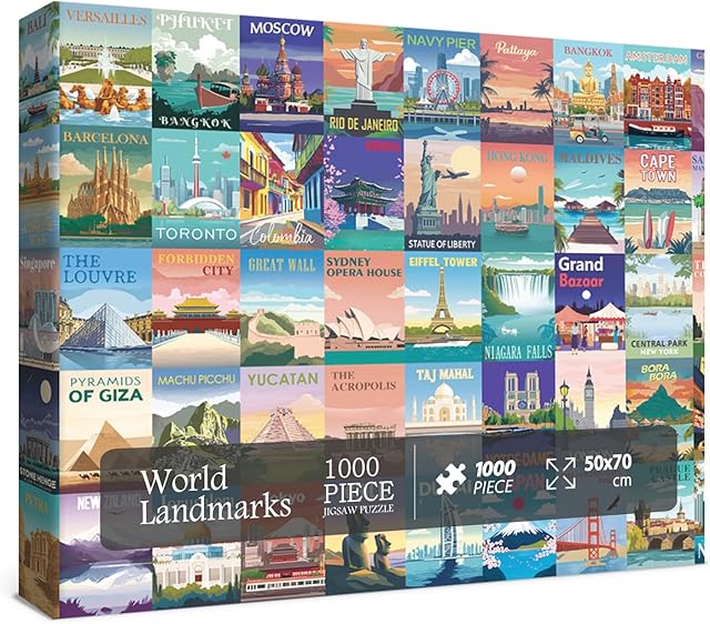 The World Landmarks Travel Puzzles 1000 Pieces for Adult, Landscape Scene Art Jigsaw Puzzle of World Most Visited Tourist Attractions, Poster City Scenic Beautiful Scenery Puzzles