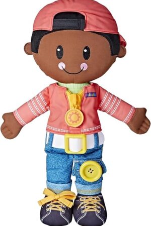 The Playskool Dressy Kids Doll with Black Hair and Hat, Activity Plush Toy with Zipper, Shoelace, Button, for Kids Ages 2 and Up (Amazon Exclusive)