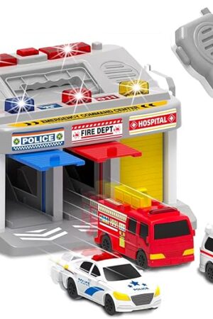 The Rescue Station Kids Playset, Kids Toys for 3 4 5 6 Years Old Boys,3-Bay Parking Garage Toy Set Fire Truck,Ambulance,Police Car, Emergency Vehicle Toys with Sound and Flashing Light for Toddler