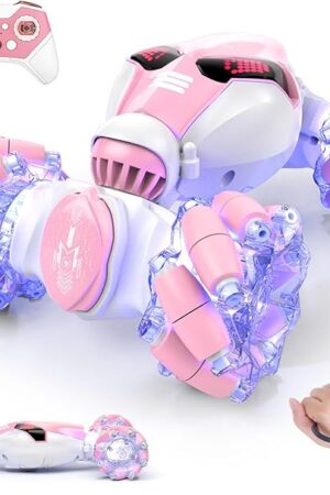 The Powerextra Gesture Sensing Rc Stunt Car with Light & Music for Girls, 4WD Hand Controlled Double Sided 360° Flips Off Road Transform Remote Control Car with LED Light, Toy Gift for Age 8+ Kids, Pink