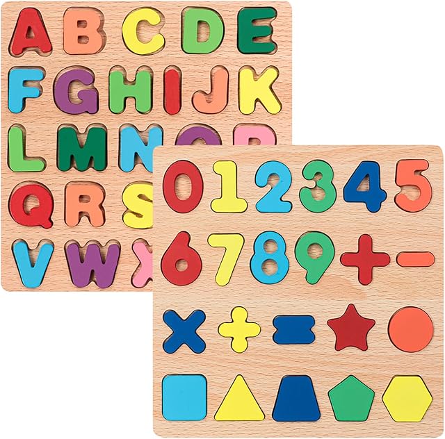 The Wooden Puzzles for Toddlers, 2pack Alphabet Shape Puzzles for Kids Wooden Montessori Toddler Wooden Alphabet Number Shape for Kids 3 Years Old Boys & Girls