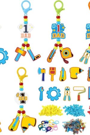 The Quelay 30 Sets Father's Day Keychain Craft Kit for Kids, DIY Dad Tool Beaded Keychain Making Supplies Bulk Dad Key Ring Charms for Father's Day Craft Gift School Classroom Activities