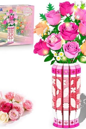 The Romantic Pink Roses Bouquet Building Set with Vase & LED Light, 845PCS Flowers Botanical 3.6MM Mini Building Blocks Toys, Gifts for for Her, Artificial Flowers for Office Home Decor & Display