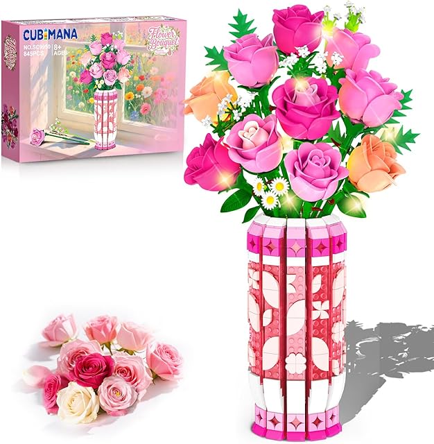 The Romantic Pink Roses Bouquet Building Set with Vase & LED Light, 845PCS Flowers Botanical 3.6MM Mini Building Blocks Toys, Gifts for for Her, Artificial Flowers for Office Home Decor & Display
