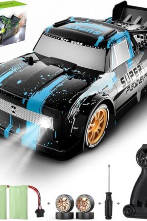 The RC Drift Car, 1:16 Scales Remote Control Car 4WD 20KM/H High Speed RC Pickup Truck with LED Lights, Spray, Drifting Tires, 2 Batteries, Gift for Kids or Adults