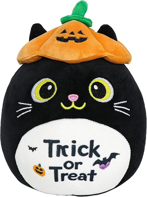 The Halloween Stuffed Animal, Black Cat with Pumpkin Hat Plush, Cute Plushies for Kids Halloween Decorations and Gifts (Pumpkin Cat)