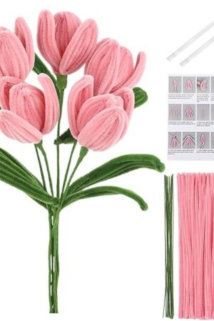 The Pipe Cleaner Flower tuliip Set - Pink Pipecleaners Chenille Stems Supplies | Chenille Stems for Art and Craft Projects | Flower Core & Gardening Tape | Creative Art Project Supplies for Adults