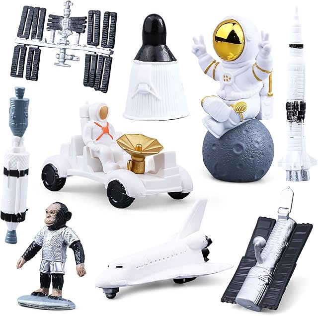 The Astronaut Figures Set, Cute Mini Space Theme with Spaceman, Spaceship, Car, Rockets, Satellites for Desktop Kids Birthday Cake Decorations Party Favors
