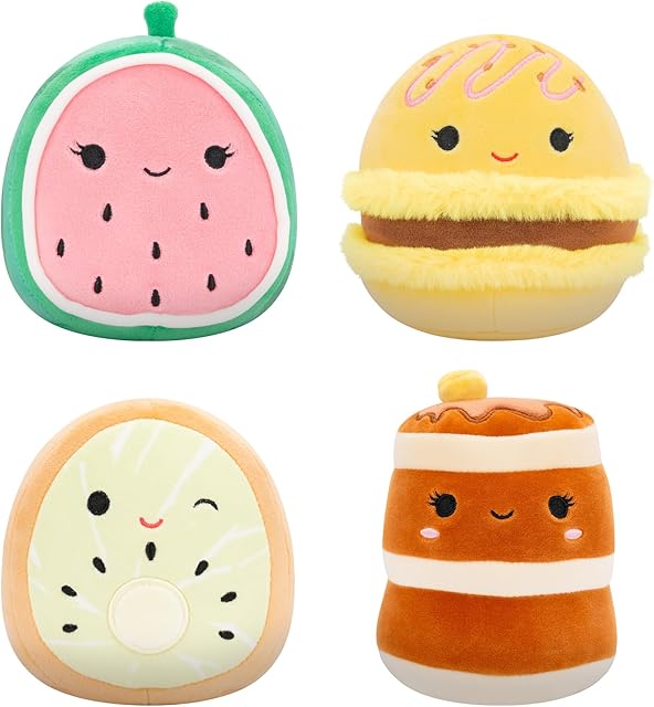 The Squishmallows Original 5-Inch Food 4-Pack – Kachina Kiwi, Rayen Pancakes, Visconti Lemon Macaron, Wanda Watermelon – Official Jazwares Plush (Little)