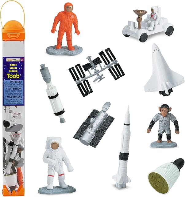 The Safari Ltd Space TOOB With 10 Out Of-This-World Toy Figurines, Including 2 Astronauts, 1 Space Chimp, 6 Space Craft, And More! – For Ages 3 And Up