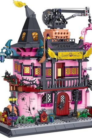 The Purple Magic Castle House Building Blocks Set - Pink Palace Academy Laboratory, Halloween Themed Street View Kit for Kids & Adults on Birthday, Christmas (1022pcs)