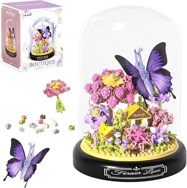 The Flower Bouquet Building Set for Adults,582 PCS Animals Flowers Botanical Collection Mini Building Block Kit with Dust Cover,Butterfly Wildflower Bonzai Building Toys for Girl Women