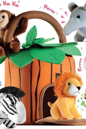 The Play22 6-Piece Plush Talking Jungle Animals Set with Carrier for Kids, Babies & Toddlers - Elephant, Tiger, Lion, Zebra, Monkey