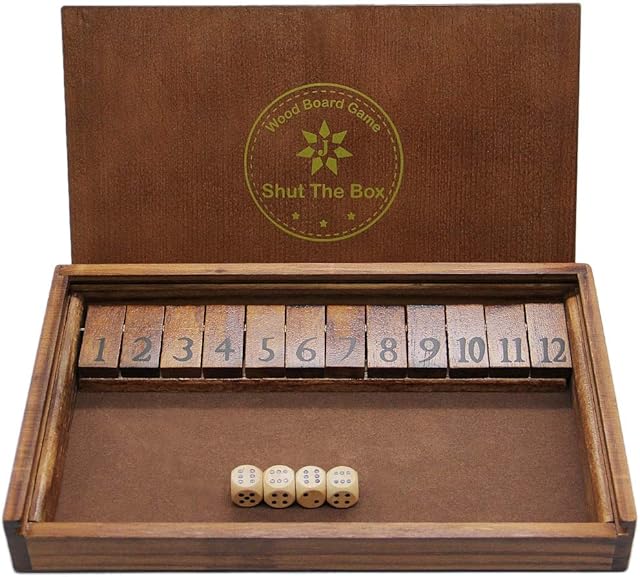 The Juegoal Shut The Box Wooden Board Dice Game with 12 Numbers and Lid for Kids Adults Families, 2 Players and Up