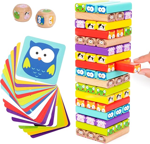 The Nene Toys Wooden Tumble Tower Game with Animals & Colors, 4-in-1 Educational Family Board Game for Kids Ages 3-9, Creativity & Cognitive Skills Booster - Gift for Boys Girls 3+ Years