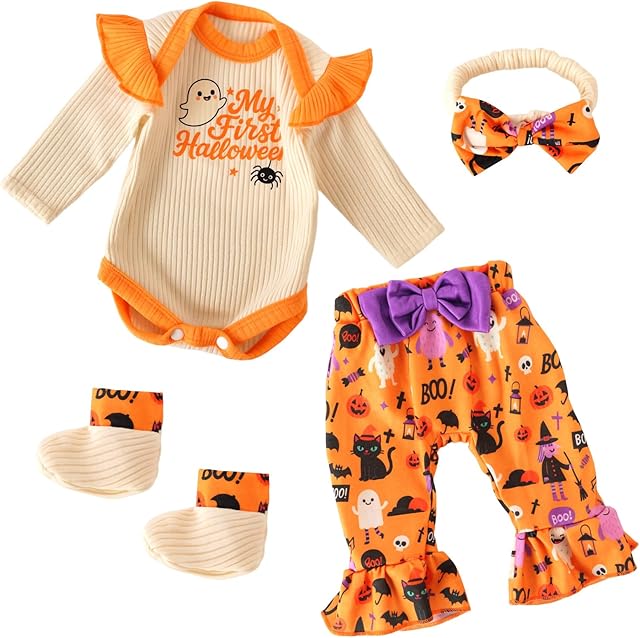 The BABESIDE Halloween Reborn Baby Doll Clothes Set for 17–22 Inch Dolls, 5 Pcs Outfit with Romper, Bell-Bottom Pants, Socks & Headband, Holiday Accessories for Pretend Play (Doll Not Included)