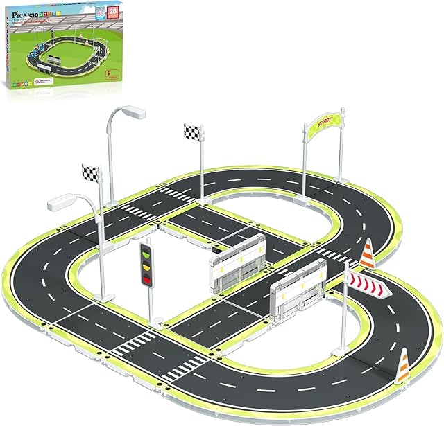 The PicassoTiles Magnet Tile Building Block Construction Toy Set Street Sign Traffic Kit Highway Road Race Track with Bumper Barricade Accessory Sticker Education Magnetic Tiles Kids Age 3+ PTR03