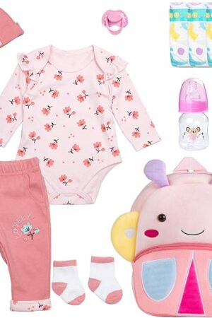The Reborn Baby Dolls Clothes Girl Outfit Accessories Pink Flower 12 Pcs for 17-22 Inches Reborn Dolls Newborn Girl with Butterfly Backpack