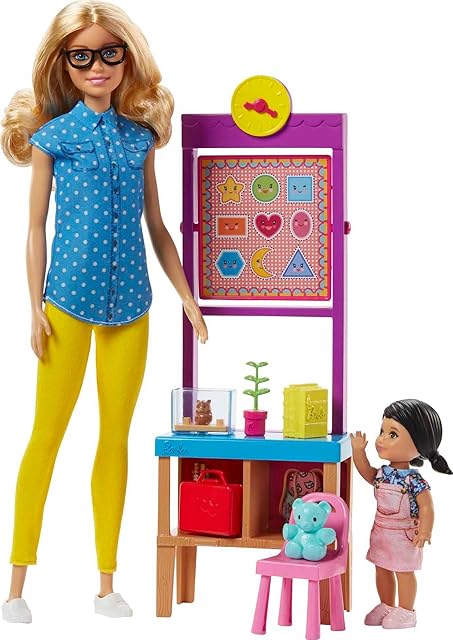 The Barbie Teacher Dolls & Playset with Fashion Doll, Small Doll, Furniture & Accessories Including Flipping Blackboard