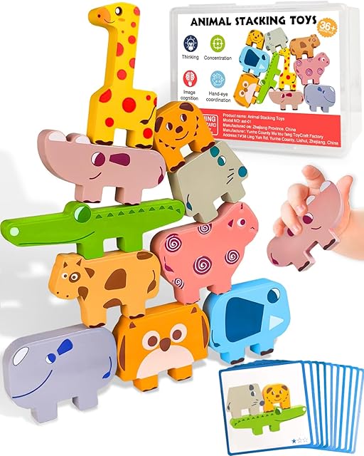 The Cowcowcow Montessori Toys for 1 2 3 4 Year Old Boys Girls, Toddler Toys Age 2-4, 1 2 3 4 Year Old Girl Boy Birthday Gifts, 10 pack Wooden Animal Blocks Sorting & Stacking Education Toddler Puzzles Toy